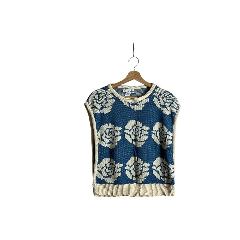 Vintage Medium Floral‎ Split Sides Blue White Sweater Vest Retro